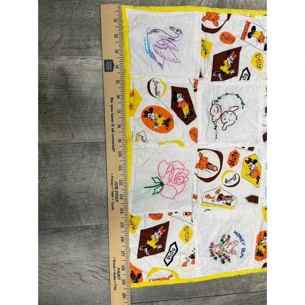 Vintage Disney Baby Quilt Handmade Embroidered Mickey Minnie Pluto Yellow 44x33